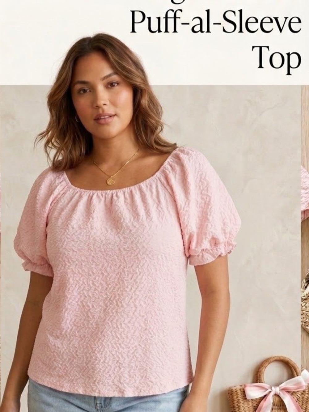 Chenault, Light Pink Puff-Sleeve Scoop Neck Top